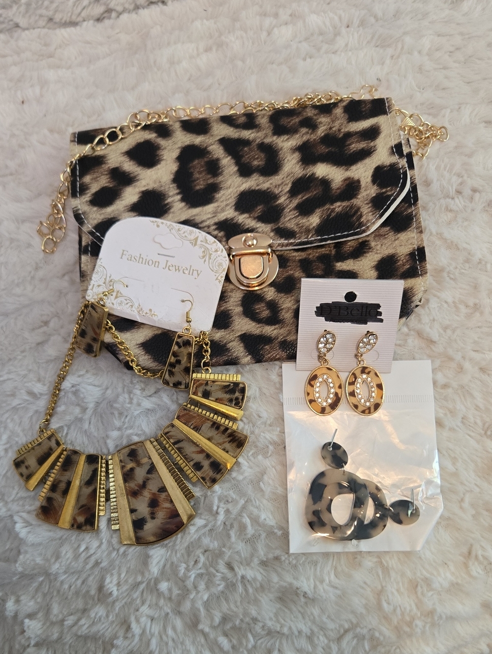 Leopard Print Crossbody Bag with Gold Chain And Matching Jewerly
